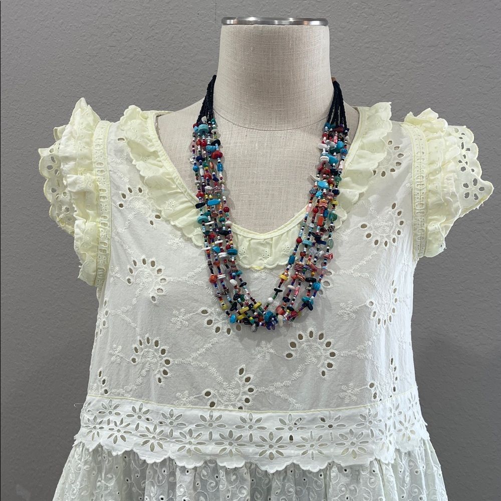 Pale yellow Upcycled shabby chic eyelet Boho Prairie dress with 3 tiers, size M - Picture 5 of 7